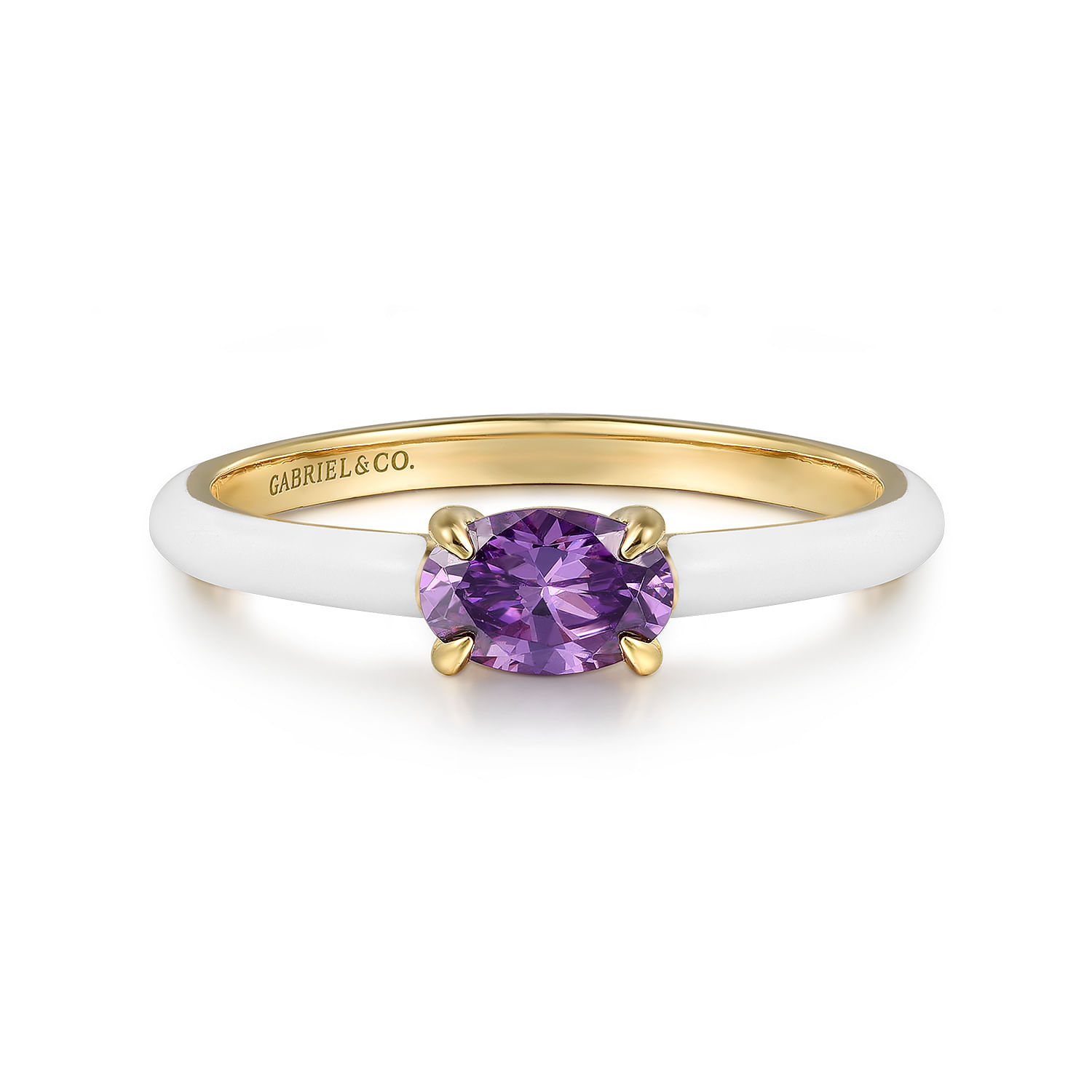 Enamel - 14K Yellow Gold Amethyst Cocktail Stackable with White Enamel