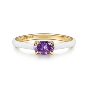 Enamel - 14K Yellow Gold Amethyst Cocktail Stackable with White Enamel
