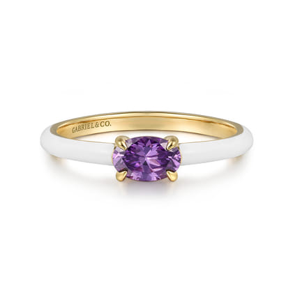 Enamel - 14K Yellow Gold Amethyst Cocktail Stackable with White Enamel