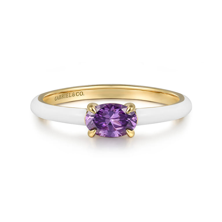 Enamel - 14K Yellow Gold Amethyst Cocktail Stackable with White Enamel - Shot 1