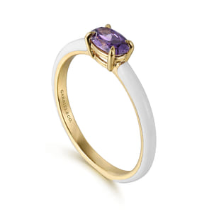Enamel - 14K Yellow Gold Amethyst Cocktail Stackable with White Enamel