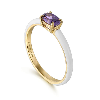 Enamel - 14K Yellow Gold Amethyst Cocktail Stackable with White Enamel