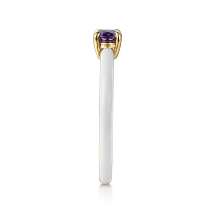 Enamel - 14K Yellow Gold Amethyst Cocktail Stackable with White Enamel
