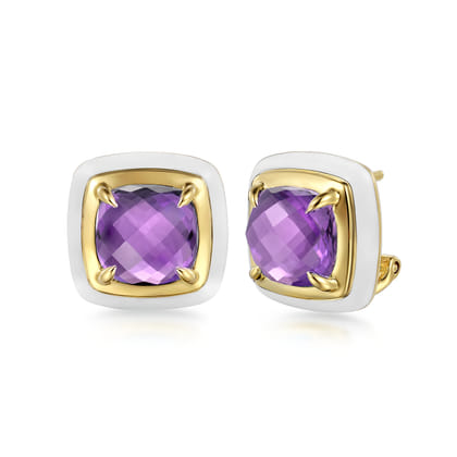 Enamel - 14K Yellow Gold Amethyst Earrings with White Enamel