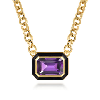 Enamel - 14K Yellow Gold Amethyst Necklace With Flower Pattern J-Back and Black Enamel