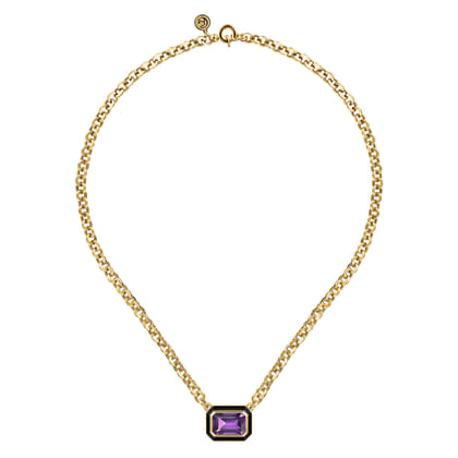 Enamel - 14K Yellow Gold Amethyst Necklace With Flower Pattern J-Back and Black Enamel