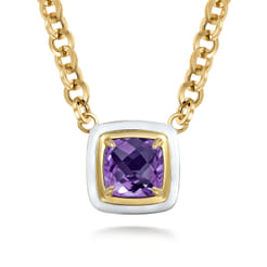 Enamel - 14K Yellow Gold Amethyst Necklace With Flower Pattern J-Back and White Enamel