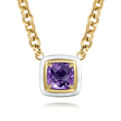 Enamel - 14K Yellow Gold Amethyst Necklace With Flower Pattern J-Back and White Enamel