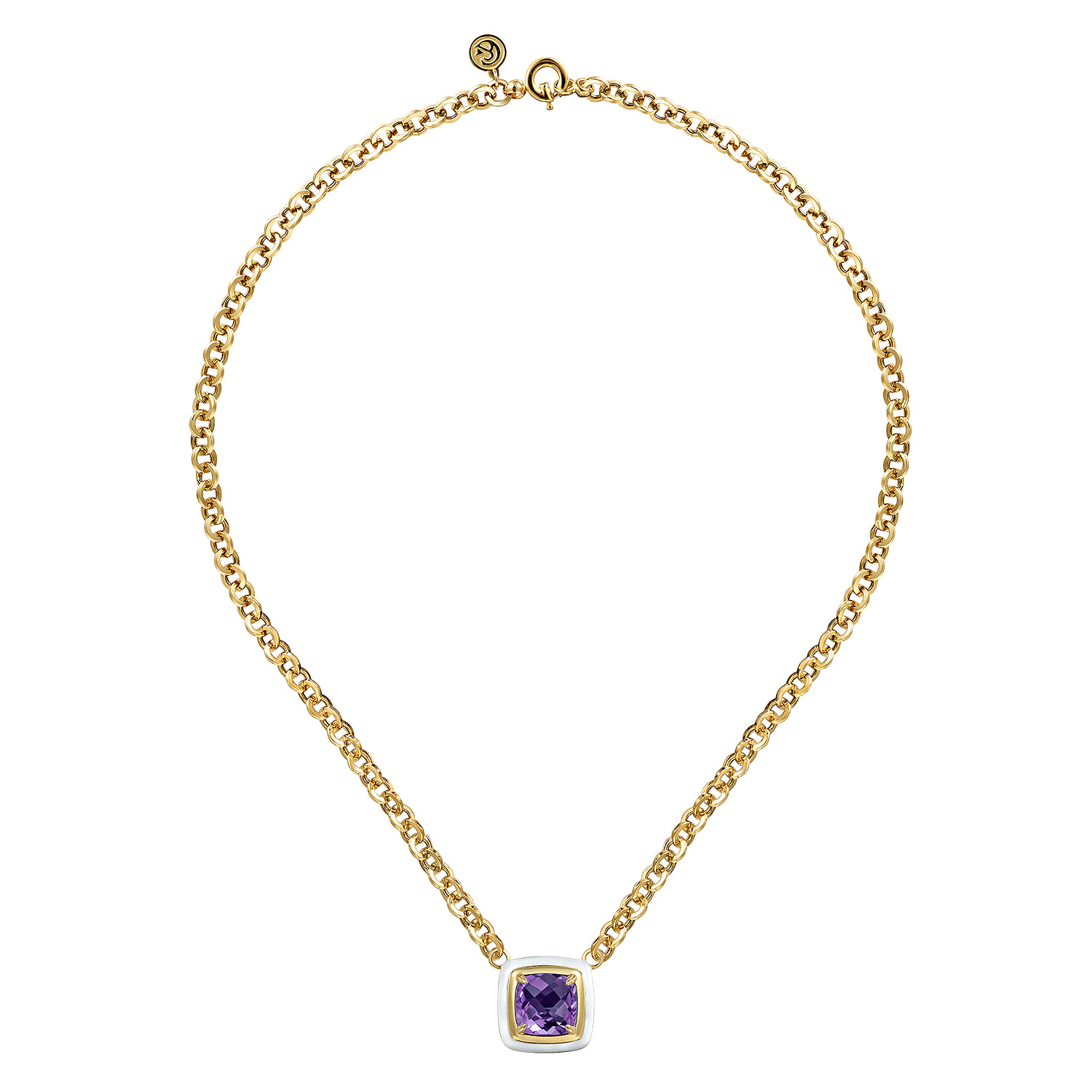 Enamel - 14K Yellow Gold Amethyst Necklace With Flower Pattern J-Back and White Enamel