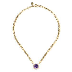 Enamel - 14K Yellow Gold Amethyst Necklace With Flower Pattern J-Back and White Enamel