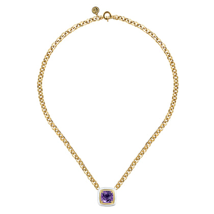 Enamel - 14K Yellow Gold Amethyst Necklace With Flower Pattern J-Back and White Enamel