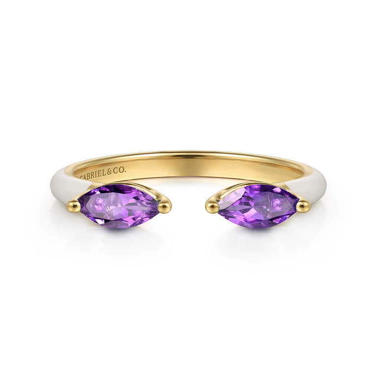 Enamel - 14K Yellow Gold Amethyst Open Stackable with White Enamel - Shot 1