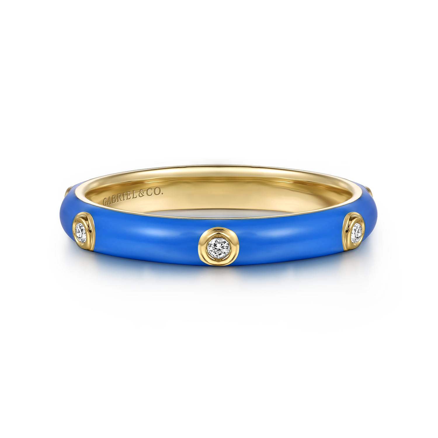 14K Yellow Gold Bezel Set Diamond Stackable Ring with Celest Blue ...