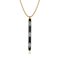 Enamel - 14K Yellow Gold Blue Topaz Bar Necklace with Black Enamel