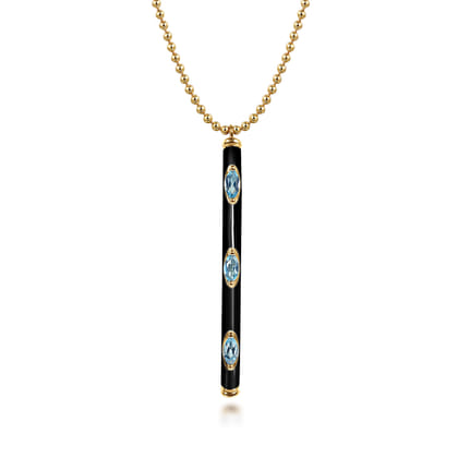 Enamel - 14K Yellow Gold Blue Topaz Bar Necklace with Black Enamel