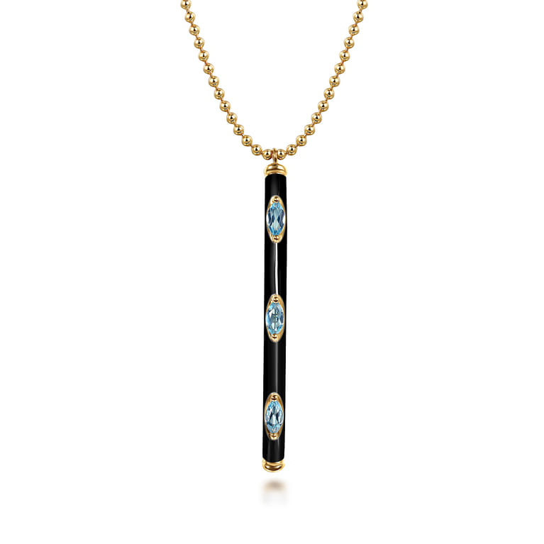 Enamel - 14K Yellow Gold Blue Topaz Bar Necklace with Black Enamel - Shot 1