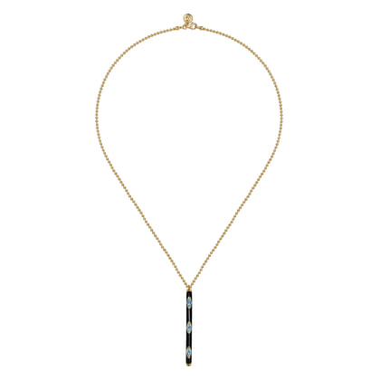 Enamel - 14K Yellow Gold Blue Topaz Bar Necklace with Black Enamel
