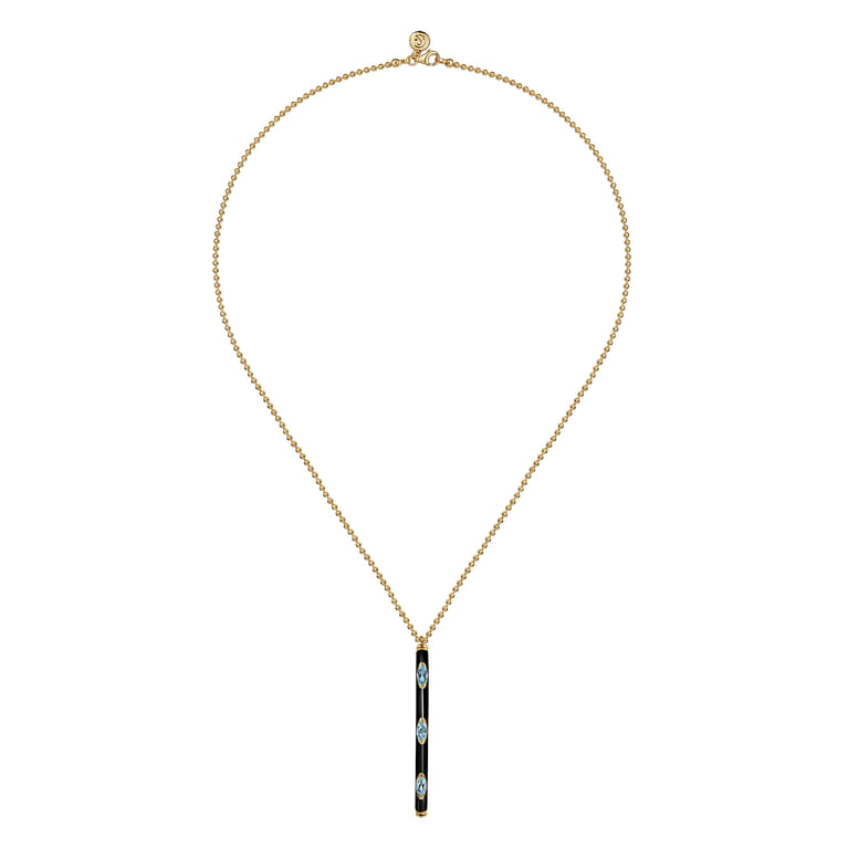 Enamel - 14K Yellow Gold Blue Topaz Bar Necklace with Black Enamel - Shot 2