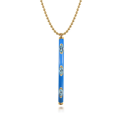 Enamel - 14K Yellow Gold Blue Topaz Bar Necklace with Blue Enamel