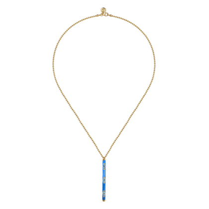 Enamel - 14K Yellow Gold Blue Topaz Bar Necklace with Blue Enamel