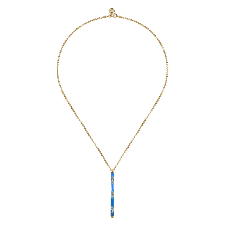 Enamel - 14K Yellow Gold Blue Topaz Bar Necklace with Blue Enamel - Shot 2