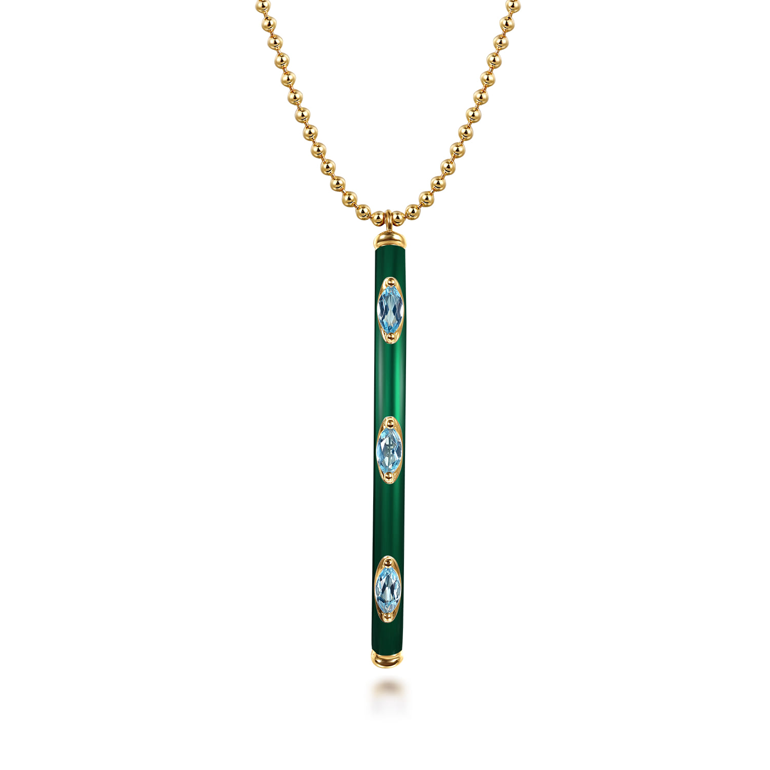 Enamel - 14K Yellow Gold Blue Topaz Bar Necklace with Chrome Green Enamel - Shot 1