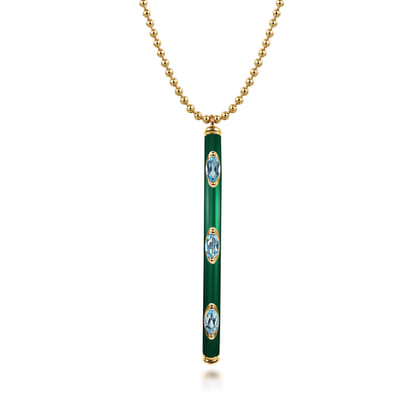 Enamel - 14K Yellow Gold Blue Topaz Bar Necklace with Chrome Green Enamel
