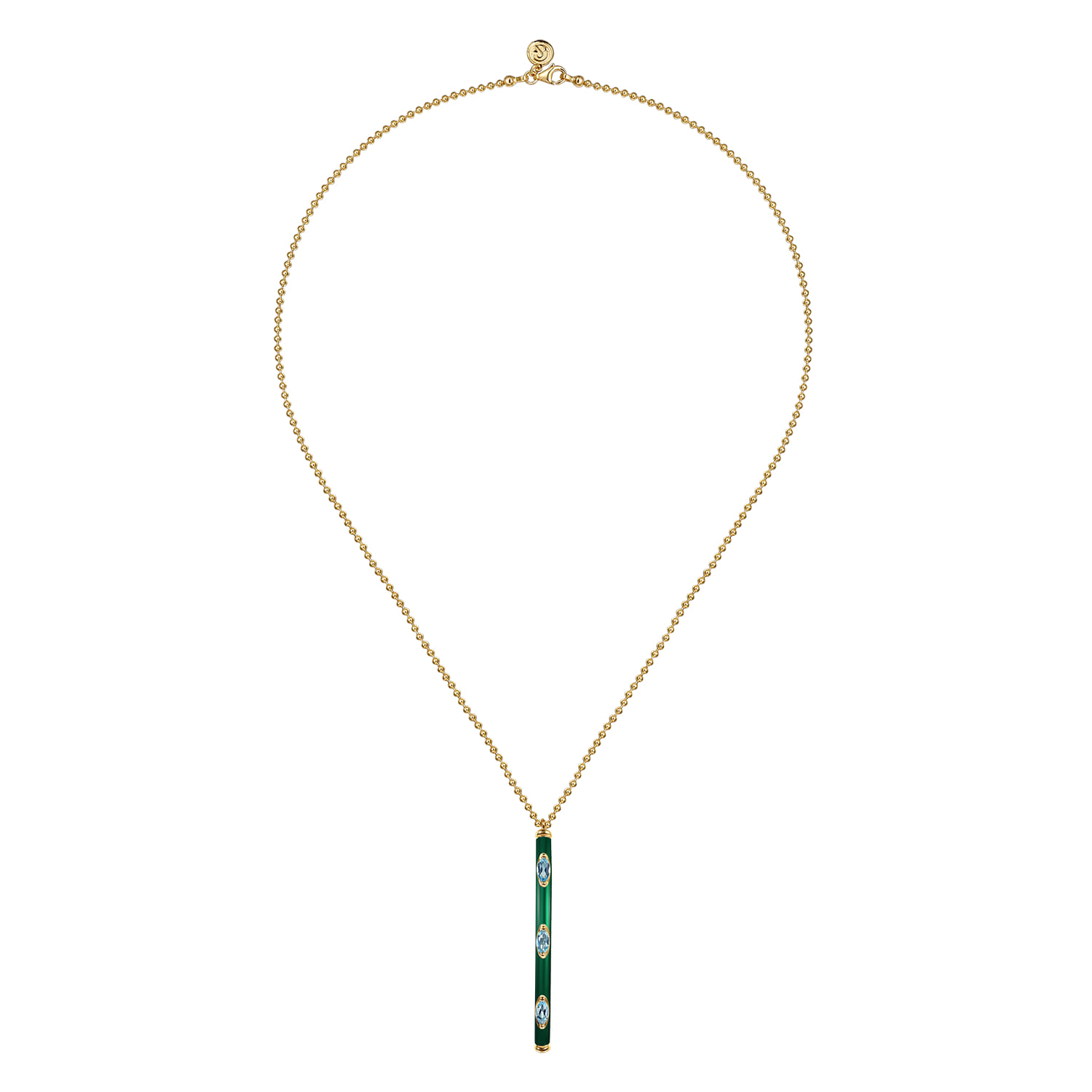 Enamel - 14K Yellow Gold Blue Topaz Bar Necklace with Chrome Green Enamel - Shot 2