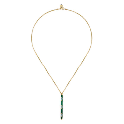 Enamel - 14K Yellow Gold Blue Topaz Bar Necklace with Chrome Green Enamel