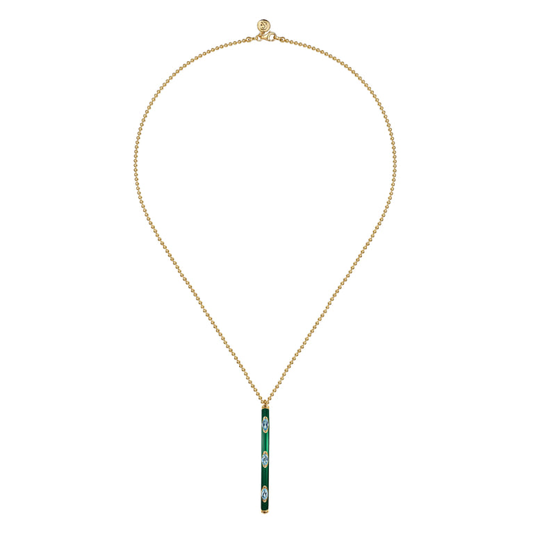 Enamel - 14K Yellow Gold Blue Topaz Bar Necklace with Chrome Green Enamel - Shot 2