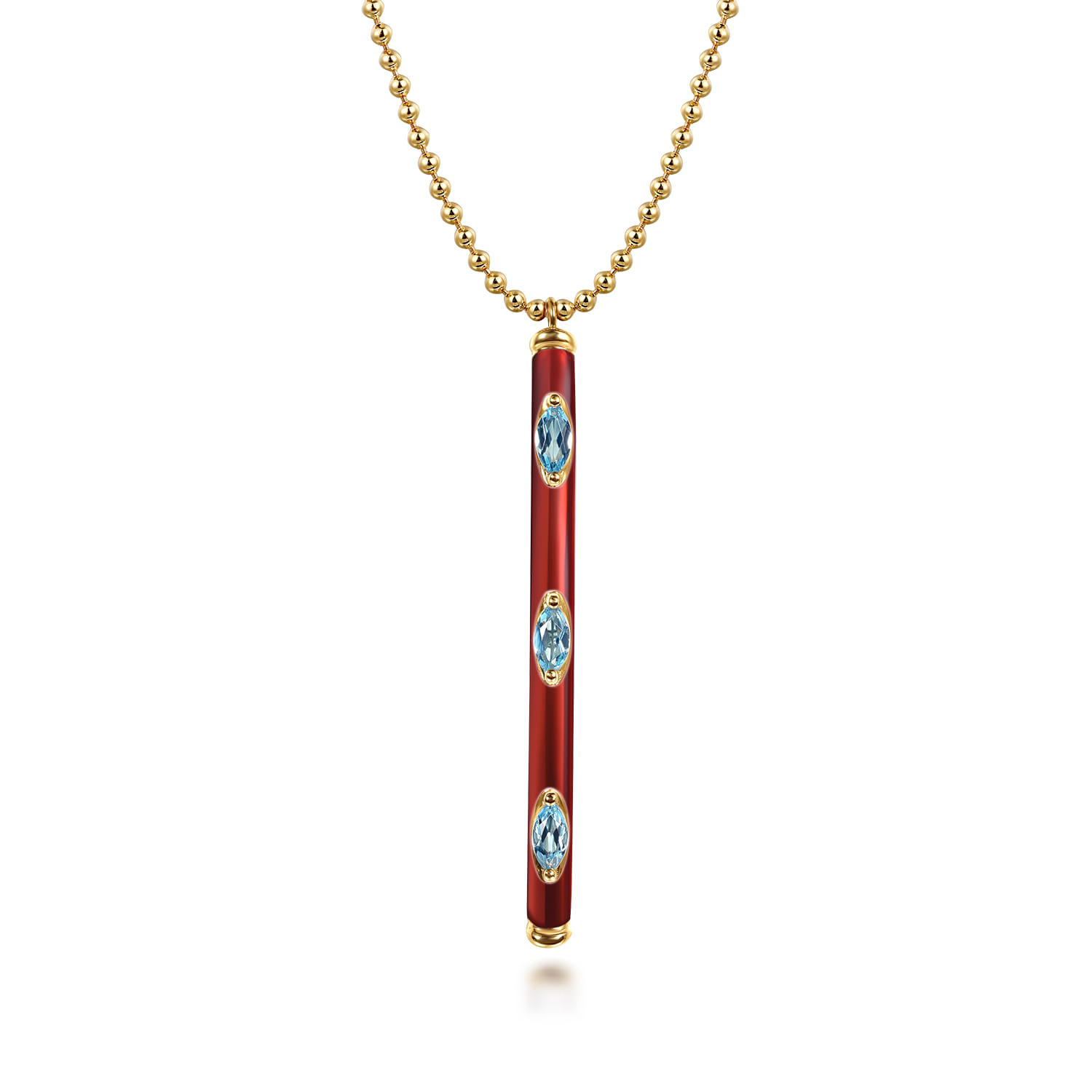 Enamel - 14K Yellow Gold Blue Topaz Bar Necklace with Chrome Red Enamel - Shot 1