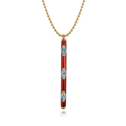 Enamel - 14K Yellow Gold Blue Topaz Bar Necklace with Chrome Red Enamel