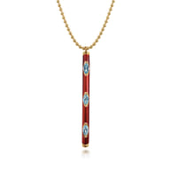 Enamel - 14K Yellow Gold Blue Topaz Bar Necklace with Chrome Red Enamel