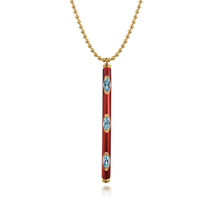 Enamel - 14K Yellow Gold Blue Topaz Bar Necklace with Chrome Red Enamel