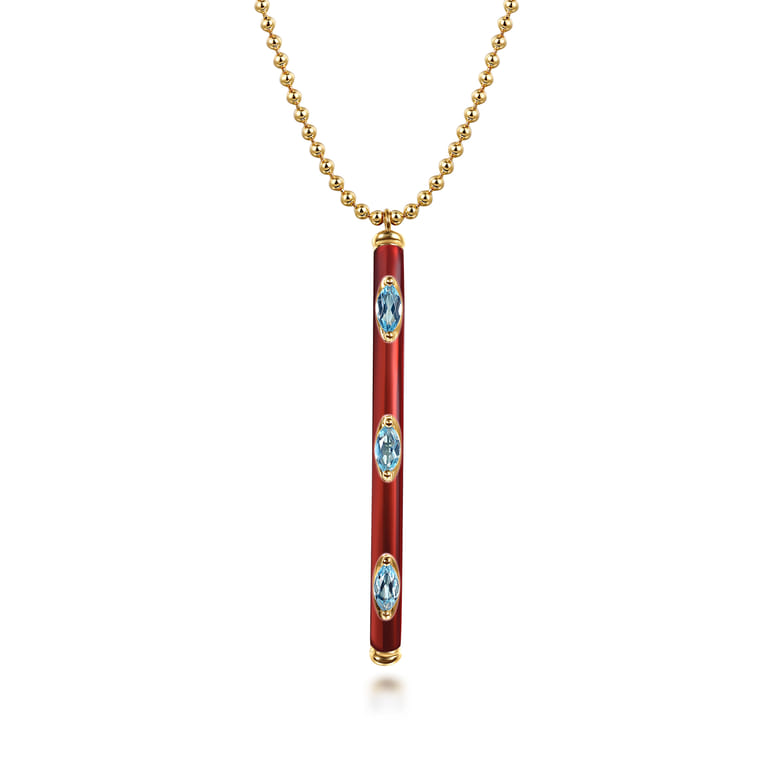 Enamel - 14K Yellow Gold Blue Topaz Bar Necklace with Chrome Red Enamel - Shot 1