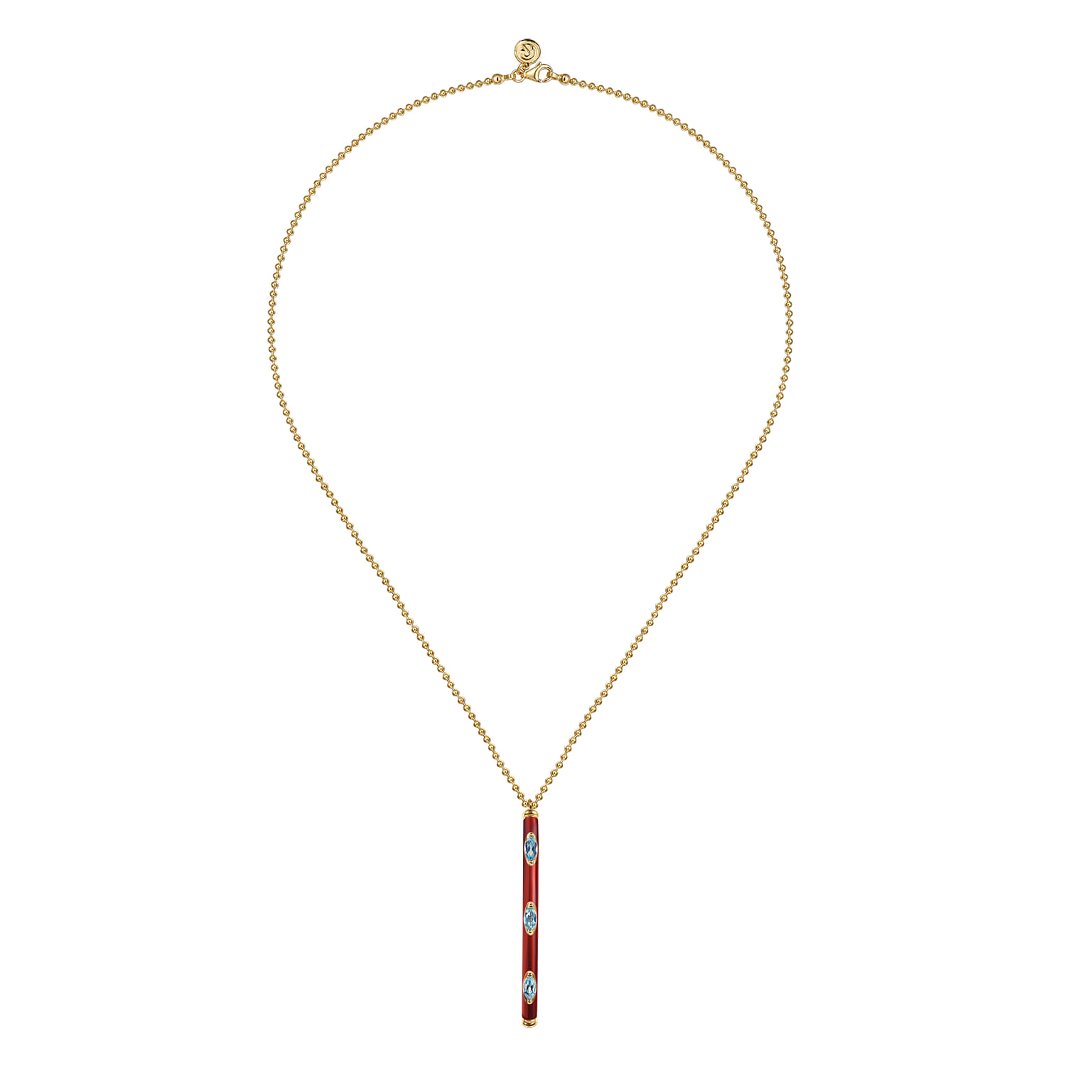 Enamel - 14K Yellow Gold Blue Topaz Bar Necklace with Chrome Red Enamel - Shot 2