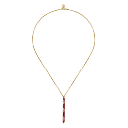 Enamel - 14K Yellow Gold Blue Topaz Bar Necklace with Chrome Red Enamel