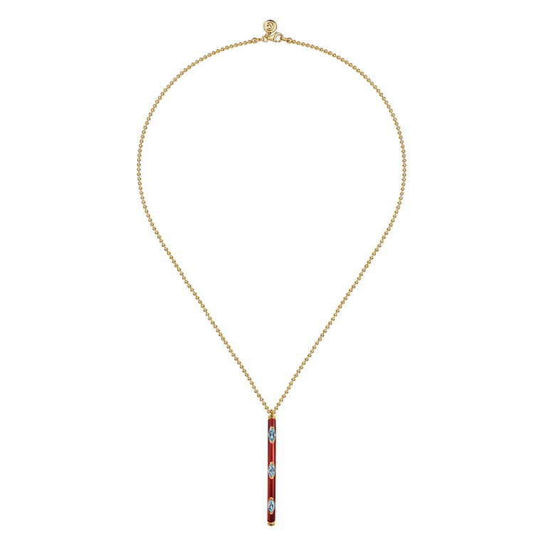 Enamel - 14K Yellow Gold Blue Topaz Bar Necklace with Chrome Red Enamel - Shot 2