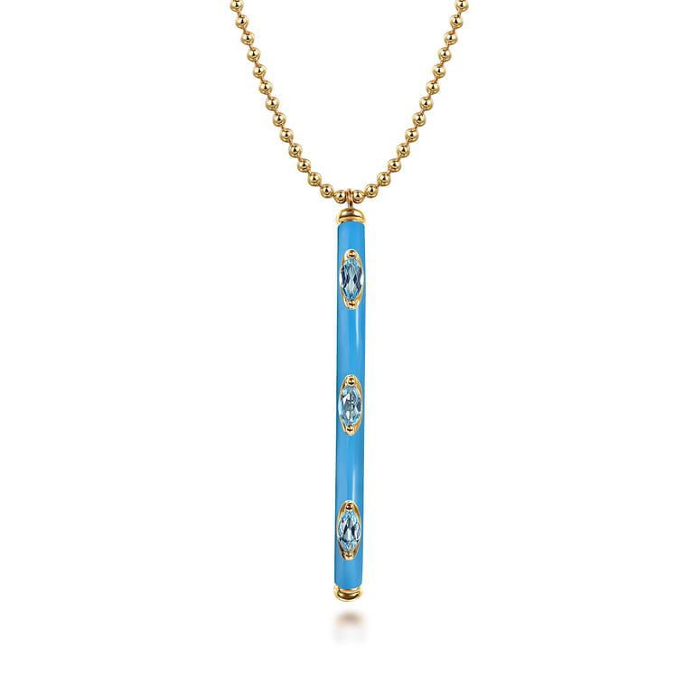 Enamel - 14K Yellow Gold Blue Topaz Bar Necklace with Dusk Blue Enamel - Shot 1