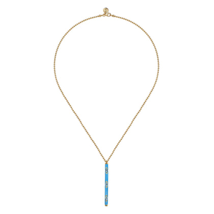 Enamel - 14K Yellow Gold Blue Topaz Bar Necklace with Dusk Blue Enamel