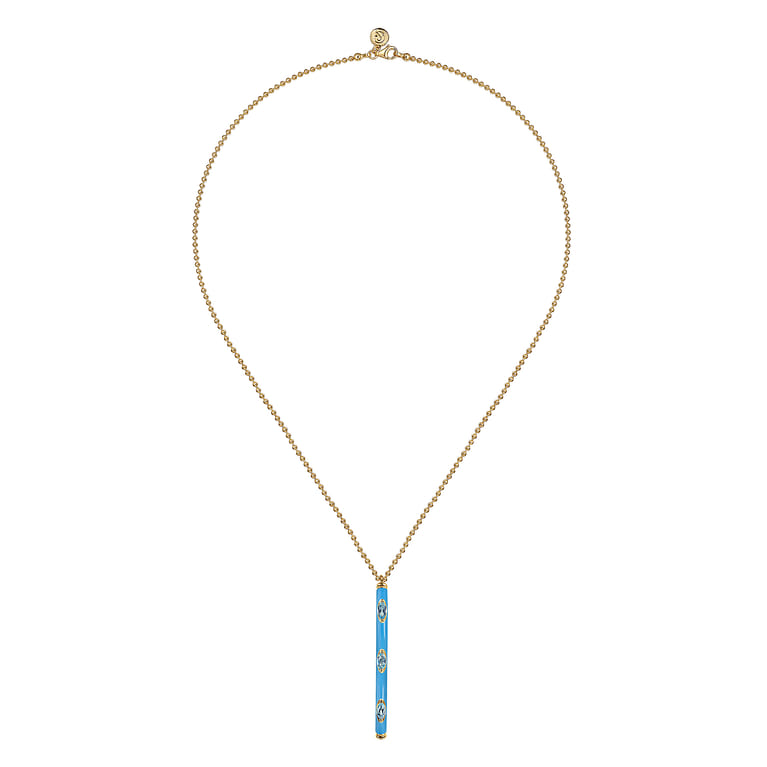 Enamel - 14K Yellow Gold Blue Topaz Bar Necklace with Dusk Blue Enamel - Shot 2