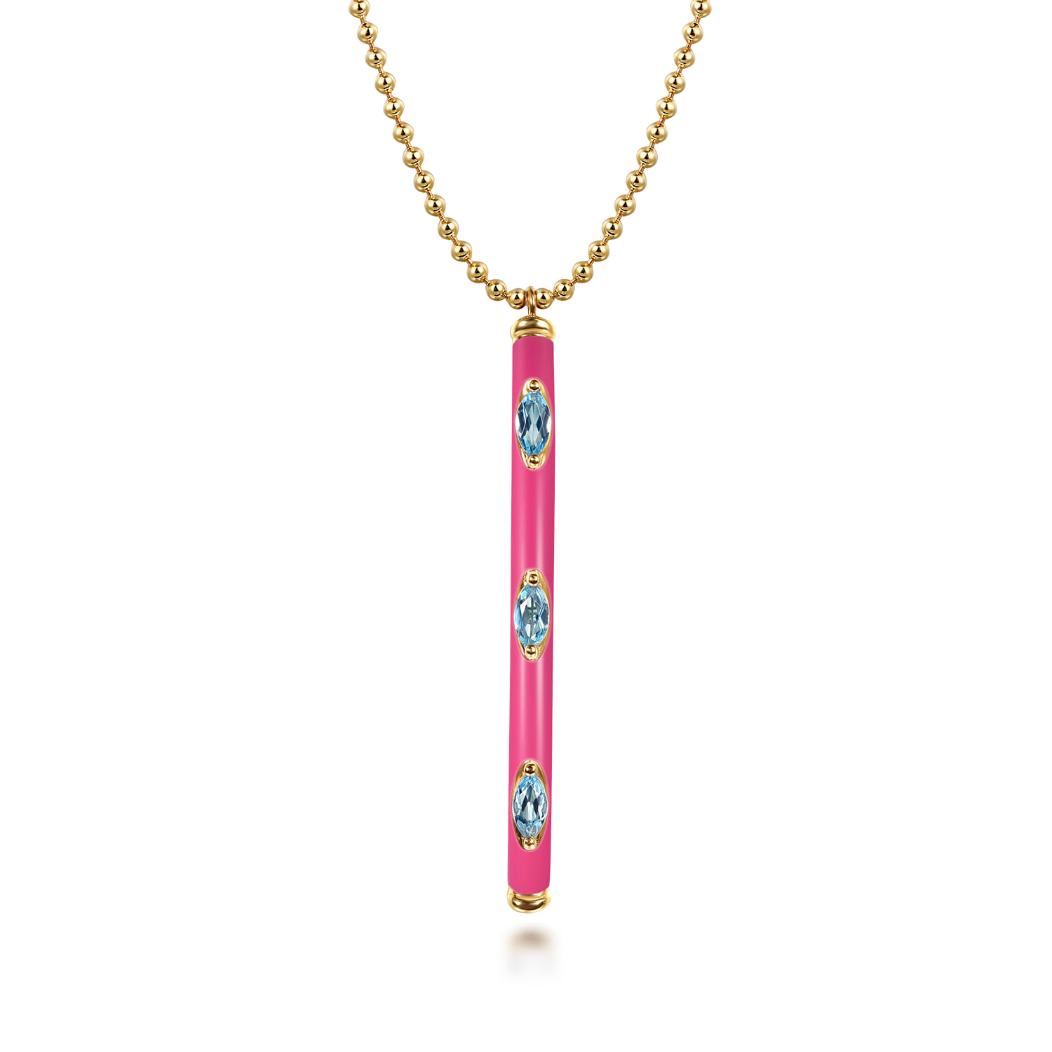 Enamel - 14K Yellow Gold Blue Topaz Bar Necklace with Fuchsia Enamel - Shot 1
