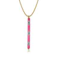 Enamel - 14K Yellow Gold Blue Topaz Bar Necklace with Fuchsia Enamel