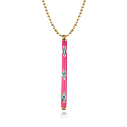 Enamel - 14K Yellow Gold Blue Topaz Bar Necklace with Fuchsia Enamel