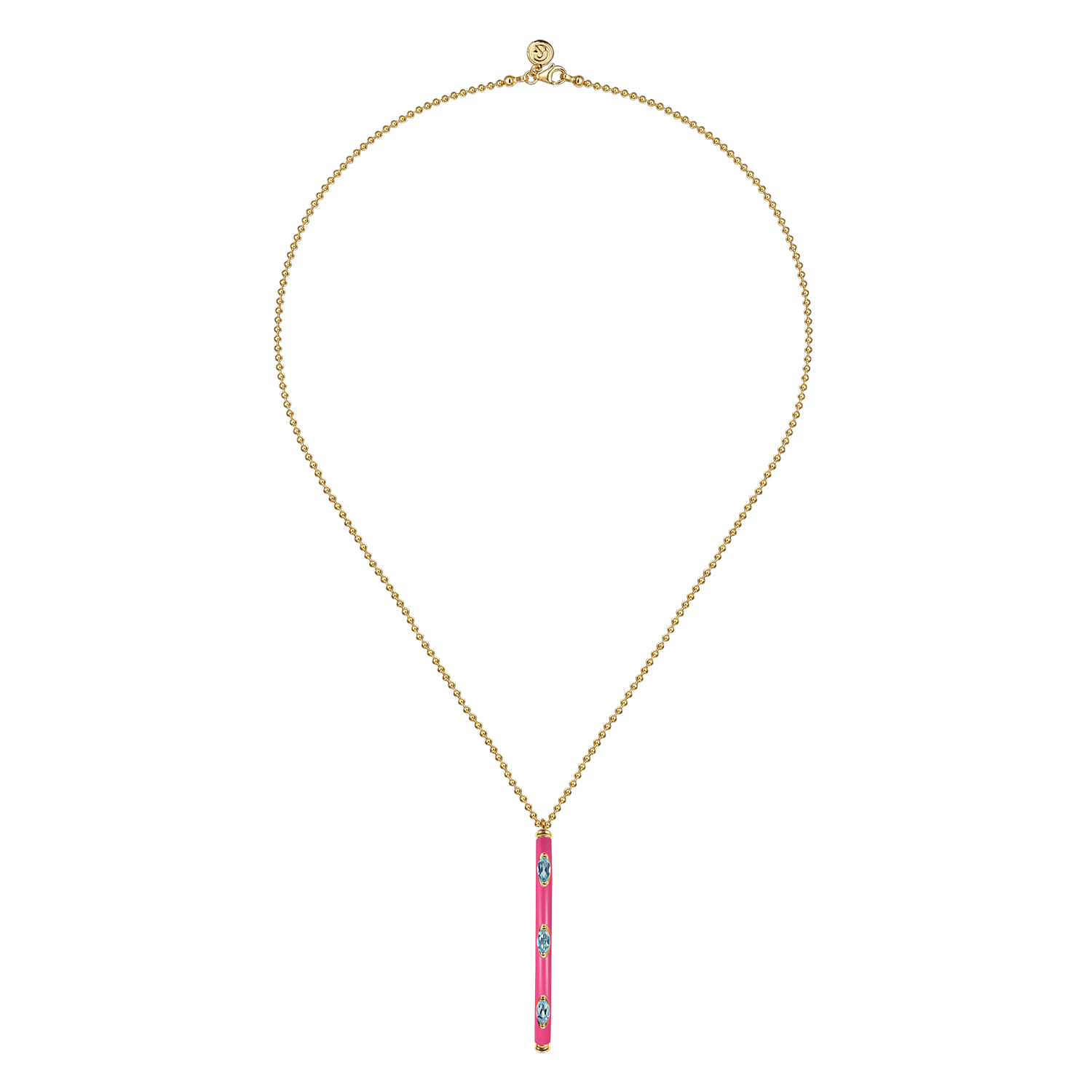 Enamel - 14K Yellow Gold Blue Topaz Bar Necklace with Fuchsia Enamel - Shot 2