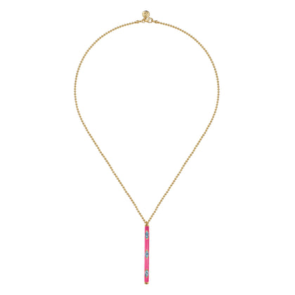 Enamel - 14K Yellow Gold Blue Topaz Bar Necklace with Fuchsia Enamel