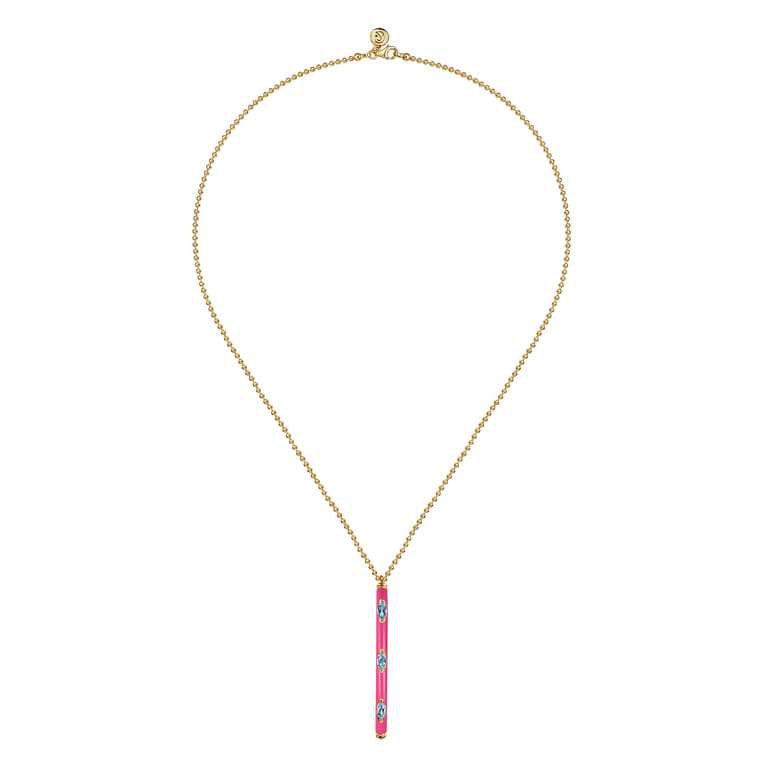 Enamel - 14K Yellow Gold Blue Topaz Bar Necklace with Fuchsia Enamel - Shot 2