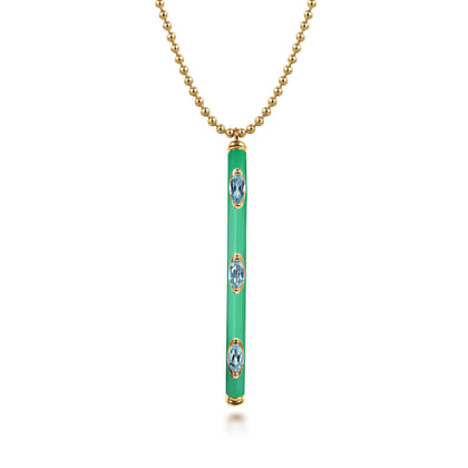 Enamel - 14K Yellow Gold Blue Topaz Bar Necklace with Mint Green Enamel