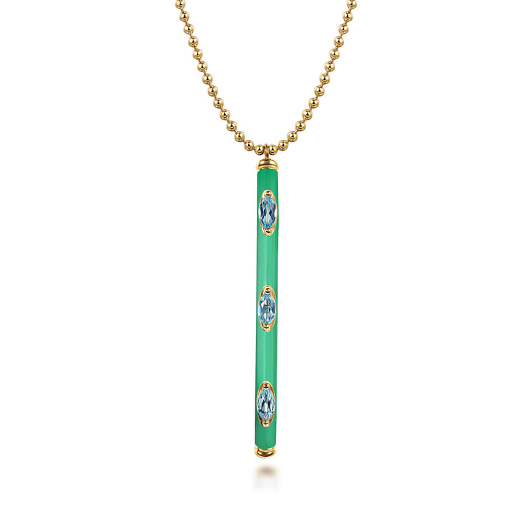 Enamel - 14K Yellow Gold Blue Topaz Bar Necklace with Mint Green Enamel - Shot 1
