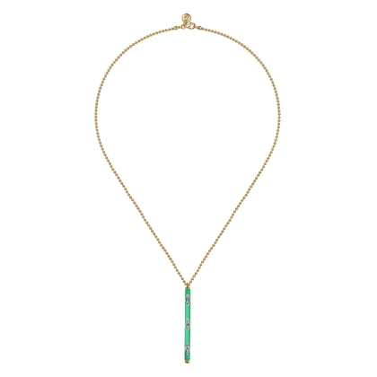 Enamel - 14K Yellow Gold Blue Topaz Bar Necklace with Mint Green Enamel